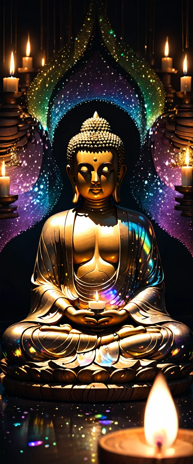 very simple wooden Buddha statue, background dark room lit only by candles, (ultra detailed, absolutely resolution, best quality:1.3), 2.5D, delicate and dynamic effects, iridescent glitter effects, artistic photography, hyper realistic, graphic CG digital art, conceptual installation art