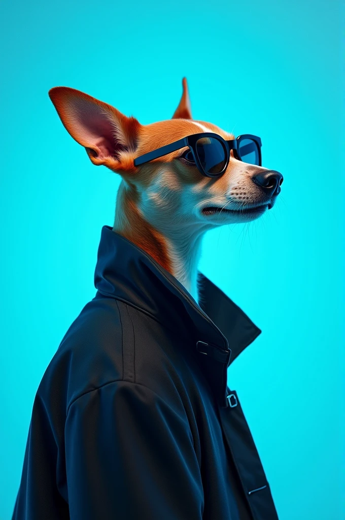 The best cell phone wallpaper, Award-Winning Wallpaper, portrait photography, In the front view is a portrait of a cute dog wearing mid-1960s space age fashion, Side view photo, Shot with Canon EOS R5, Set a strong contrast that accentuates the subject, Fluorescent blue tone, Wearing a very modern coat and sunglasses is a modern 1960s style, Clothes all in one color, beautiful background