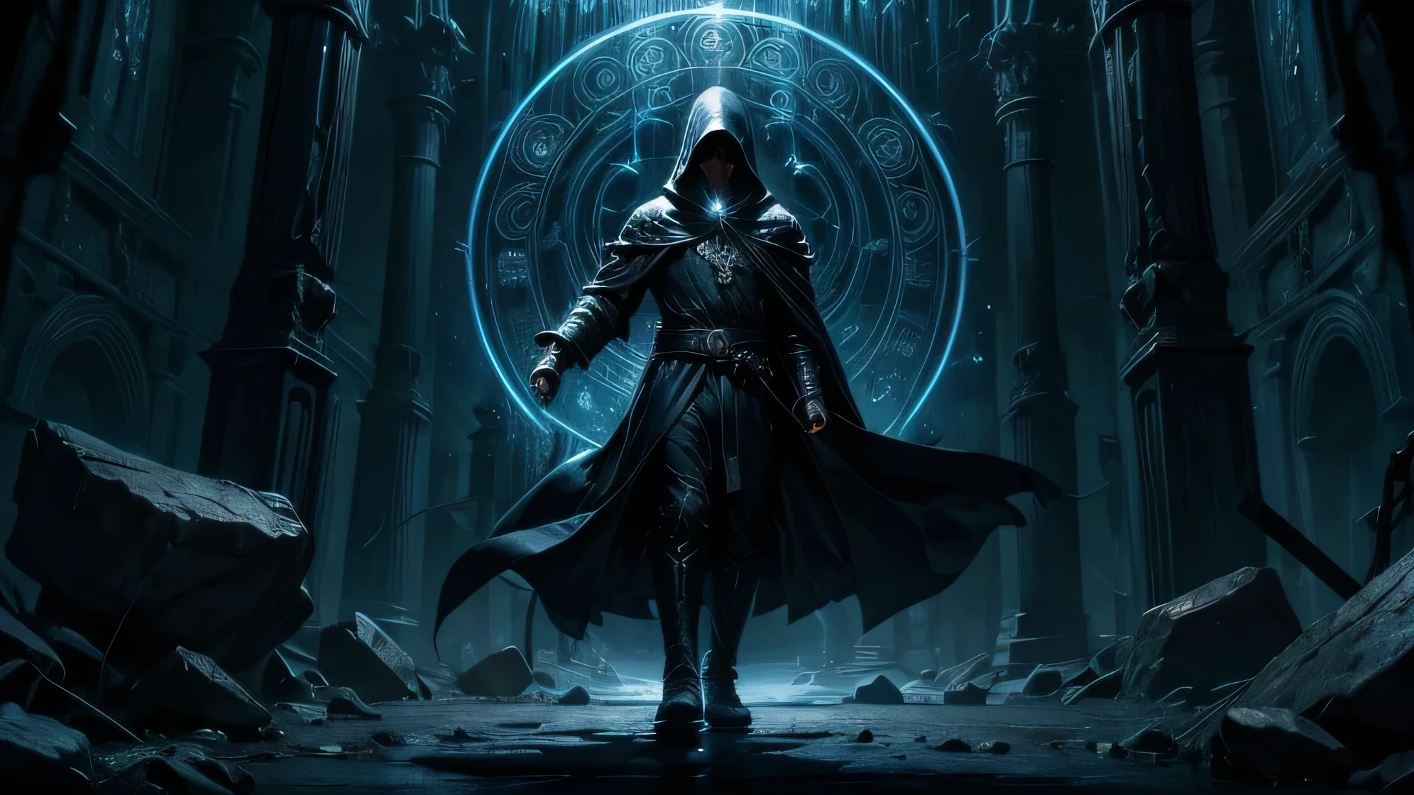 "A dramatic scene of Agahnim standing at the center of a glowing, intricate magic circle at night. The magic circle, inscribed with ancient runes and symbols, radiates a pulsating blue light that illuminates the dark surroundings. Agahnim, clad in dark robes, stands with his arms outstretched, palms facing upward, as he channels immense magical power. His hooded figure exudes a sense of malevolent energy, with his eyes glowing faintly beneath the shadow of his hood. The atmosphere is tense and foreboding, as swirling tendrils of magic gather around him, intensifying the power of the ritual. The ground beneath the magic circle seems to crack and pulse with energy, highlighting the dark and ominous nature of the scene."