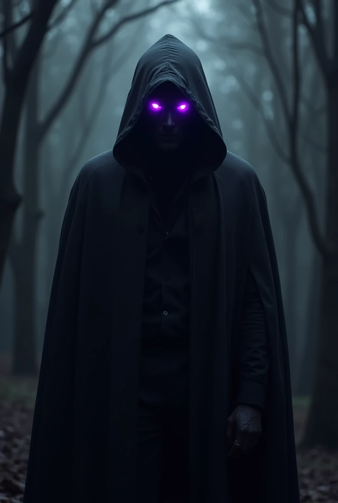 A man in super black mysterious clothes with very bright purple eyes