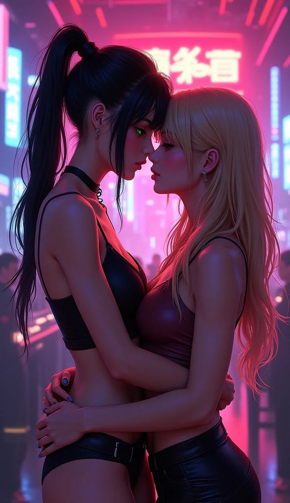 (work of art, best qualityer, 8k, sharp focus, Depth of field, better shadows, perfect lights, HDR, textura de pele realista, ultra-detailded background, detailded), anime styling, 2 women kissing eachother (one of them has green eyes, Caucasian skin, Black hair with ponytail, choker, breasts small, Scrawny, make up, eyeliner, sheen), (the other woman has blonde hair), in a night club, Cyberpunk theme, cyberpunk city.