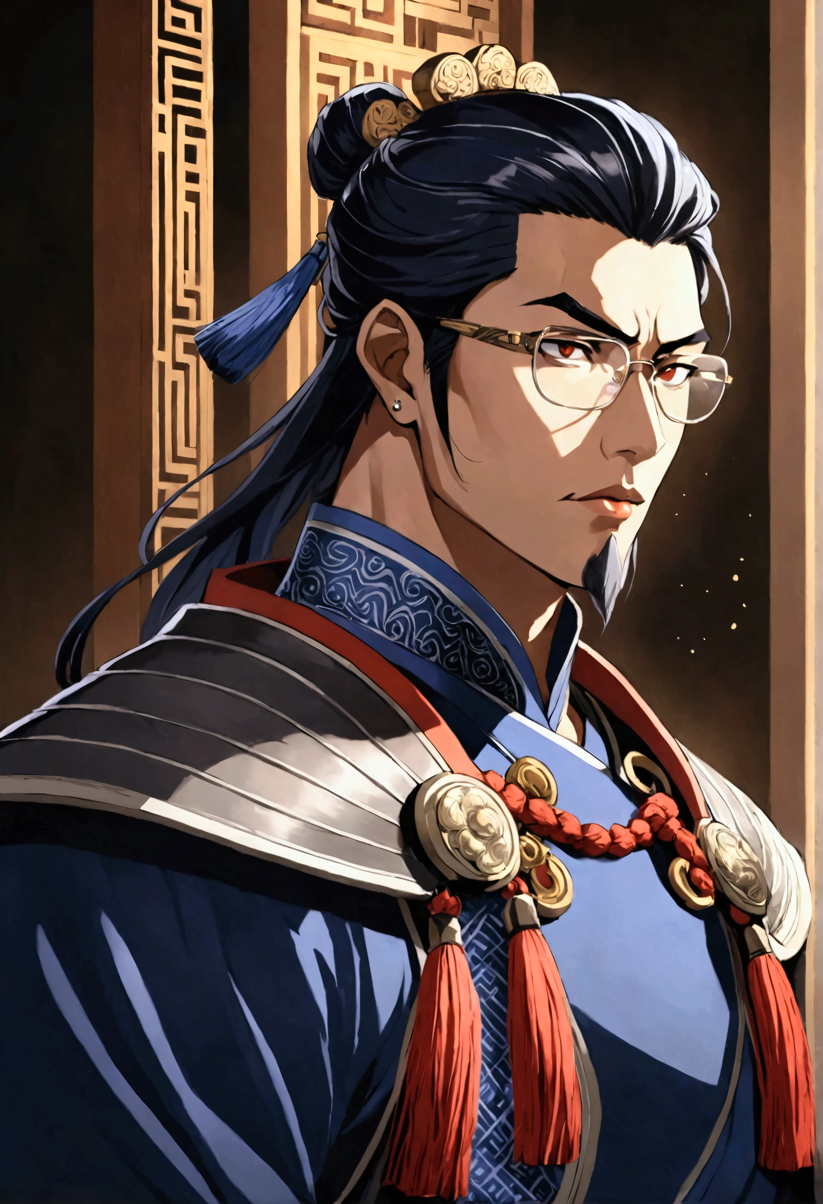 man made in anime and mangwa style , with clear piercing eyes, wavy and short hair, with intellectual glasses, clothes and elegant,Cao Cao ,natural muscles, asymmetrical and well-designed eyebrows,full and colored lips, the skin is not too light and not too dark