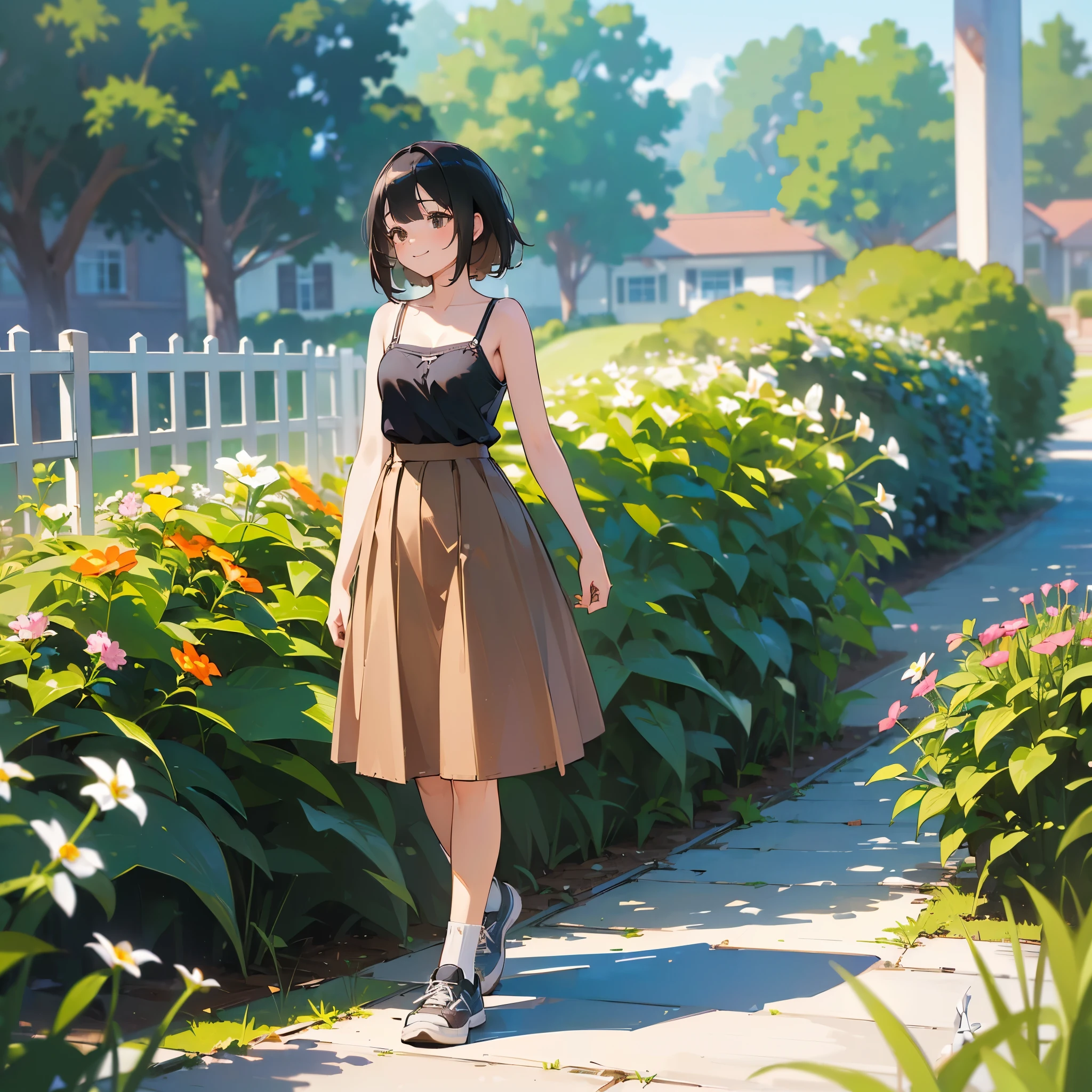 (high quality, High resolution, Very detailed, reality:1.37), Peaceful atmosphere, (Outdoor, garden), age girl standing alone, (my breasts are big.), Beautiful details, Cute Smile, (Black bob hair), camisole, Brown Skirt, Blue socks, sneakers.