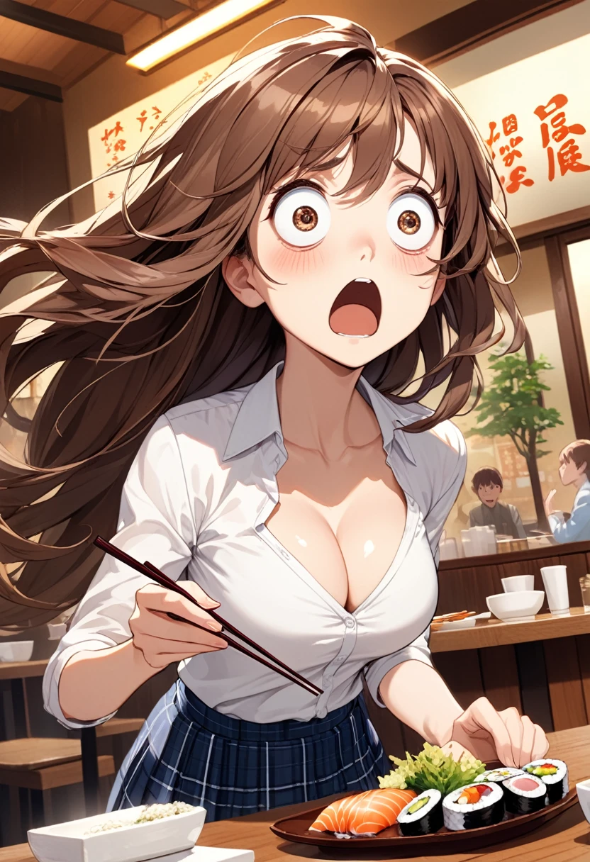 detailed illustration, dynamic angle, ultra-detailed, illustration, 1girl, 1, school girl, white blouse, blue plaid skirt, cleavage, wavy brown hair, long hair, bright brown eyes, cleavage, chopsticks, sushi, restaurant, wide eyes, shocked eyes, gasping, shock, amazed, confused, dazed, awe, nigiri