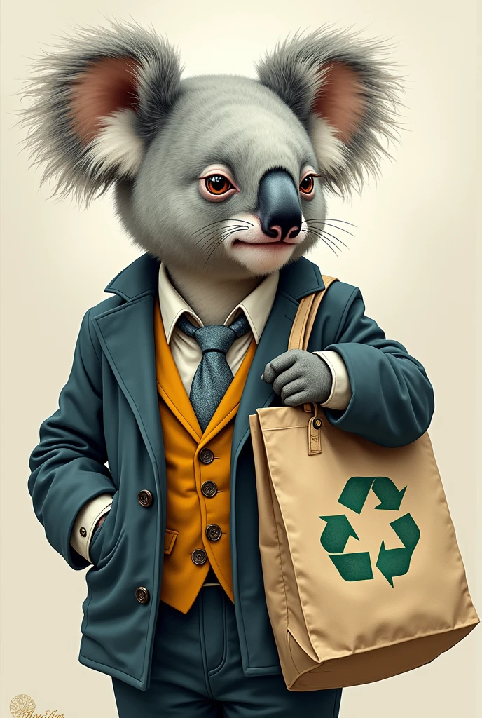 A smartly dressed koala with a recycled cloth bag with the recycling logo, not realistic