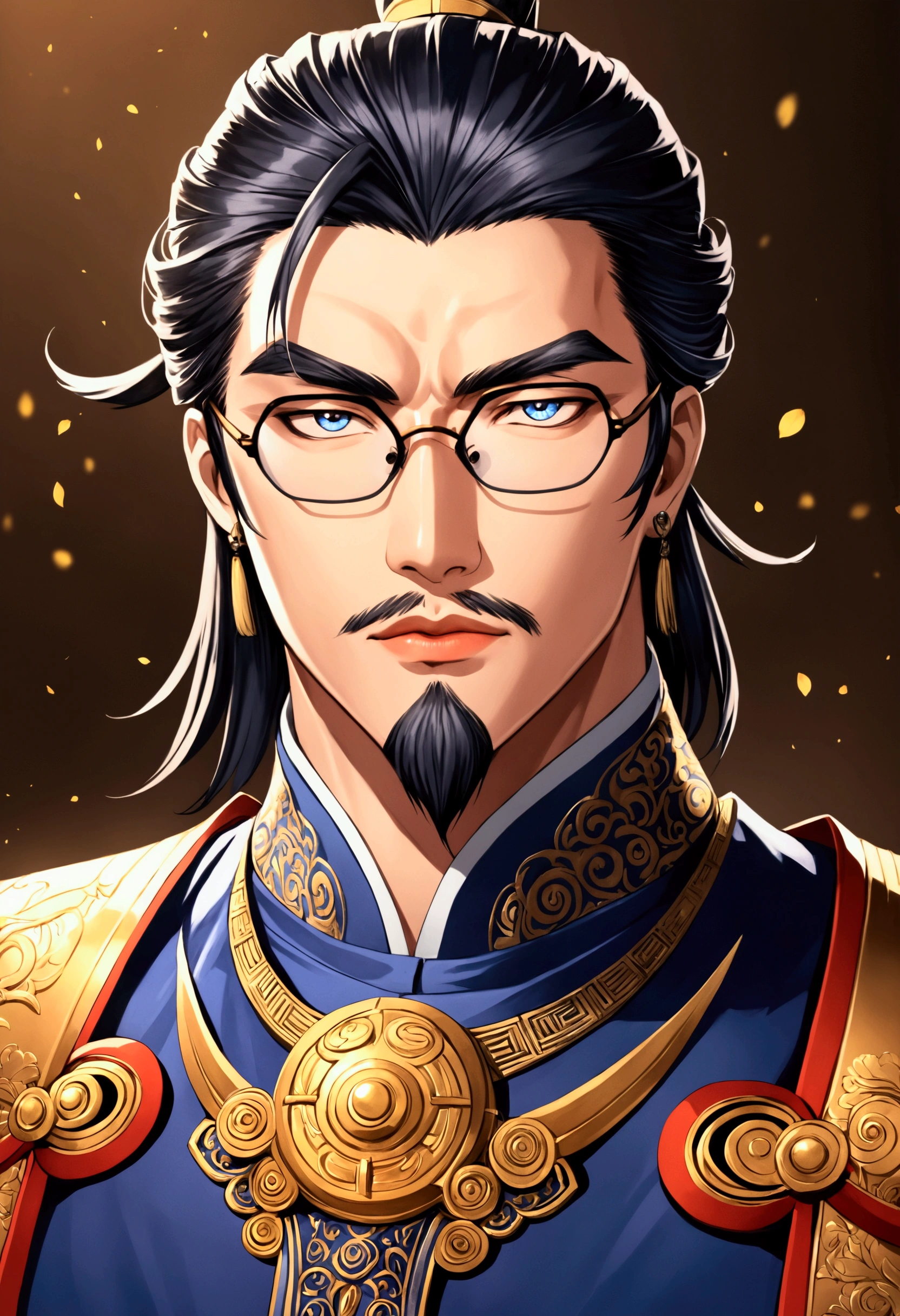 man made in anime and mangwa style , with clear piercing eyes, wavy and short hair, with intellectual glasses, clothes and elegant,Cao Cao ,natural muscles, asymmetrical and well-designed eyebrows,full and colored lips, the skin is not too light and not too dark