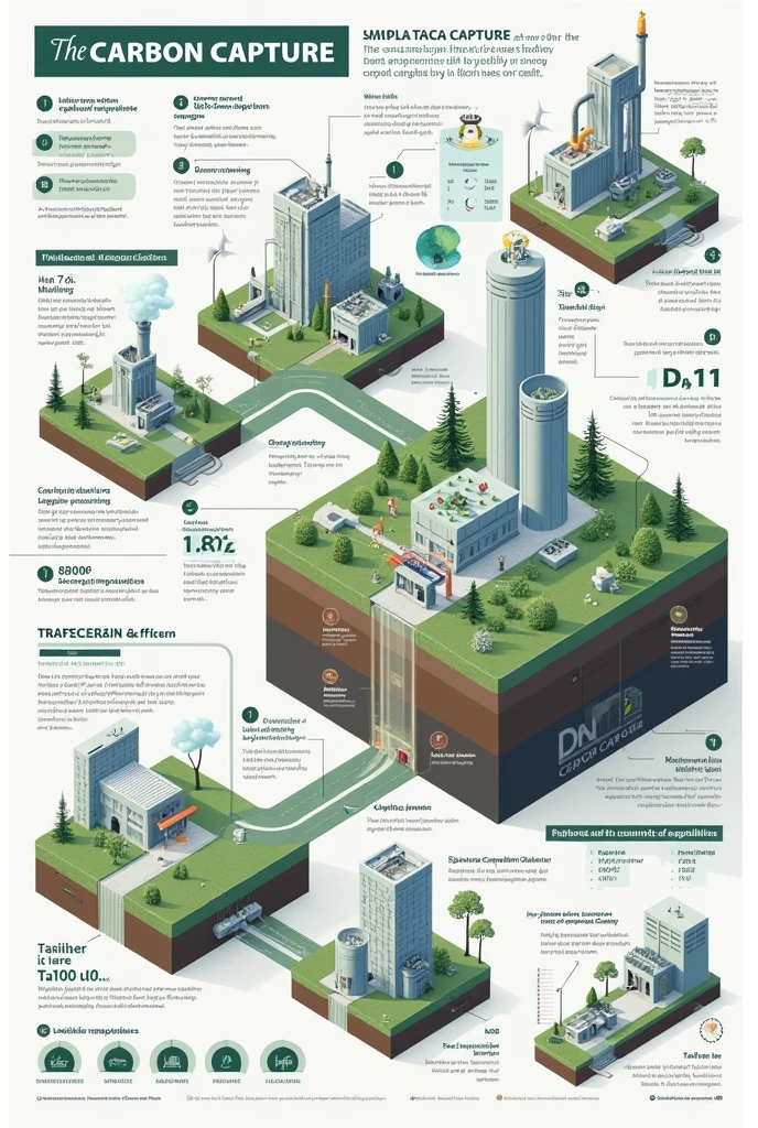 (photorealism:1.2), An infographic illustrating the carbon capture process, showing how CO₂ is extracted from the atmosphere and stored in underground facilities. Includes diagrams of the different types of capture technologies and the expected benefits.
