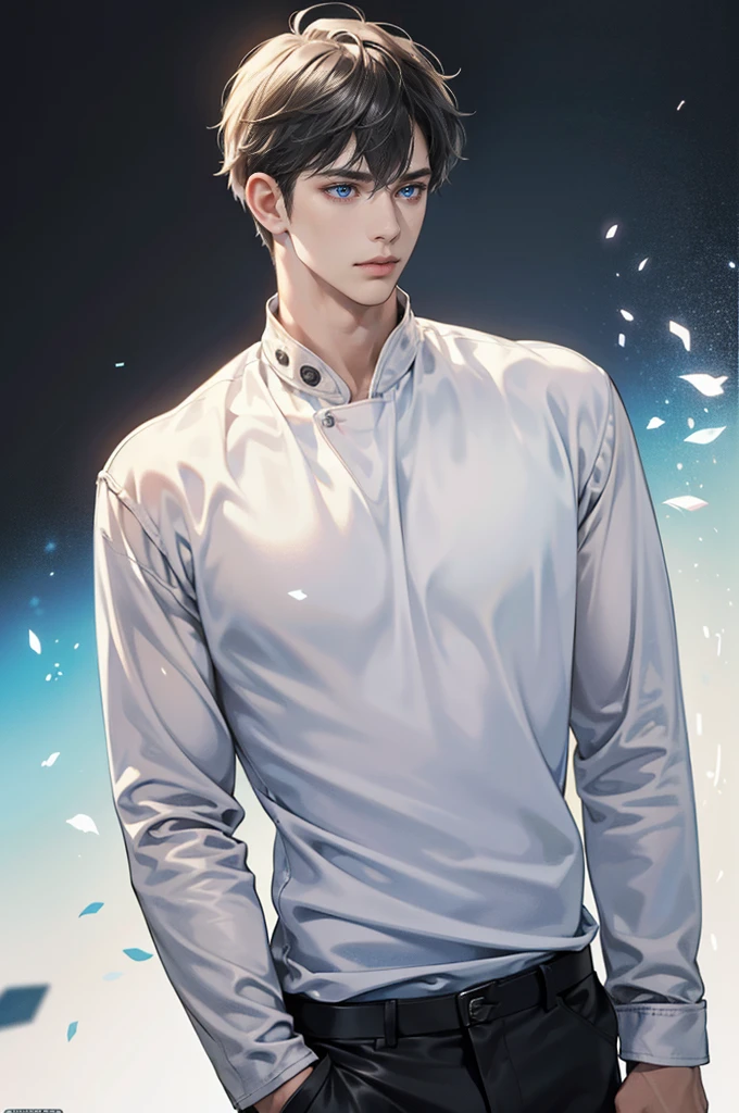 (masterpiece, High resolution, Ultra-detailed:1.0), (1male, male face), Perfect male body, adult male, Delicate eyes and delicate face, Extremely detailed CG, complicated details, detailed face, (by white, blue eyes, messy hair, hair at neck level, calm face, White T-shirt, black leather jacket), simple background, color difference, depth of field, dramatic shadow, ray tracing, Best Quality, cinematic lighting, official art, full body portrait.
