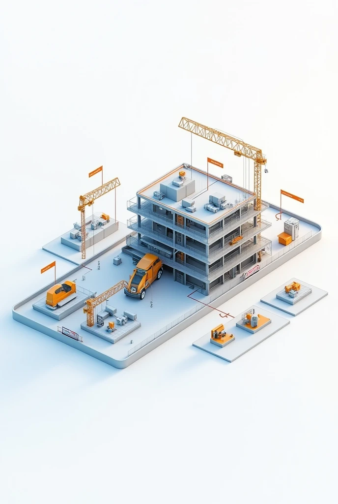  Image of a diagram showing a BIM model of a building, with arrows and labels highlighting the planning, Resource management and conflict visualization.
