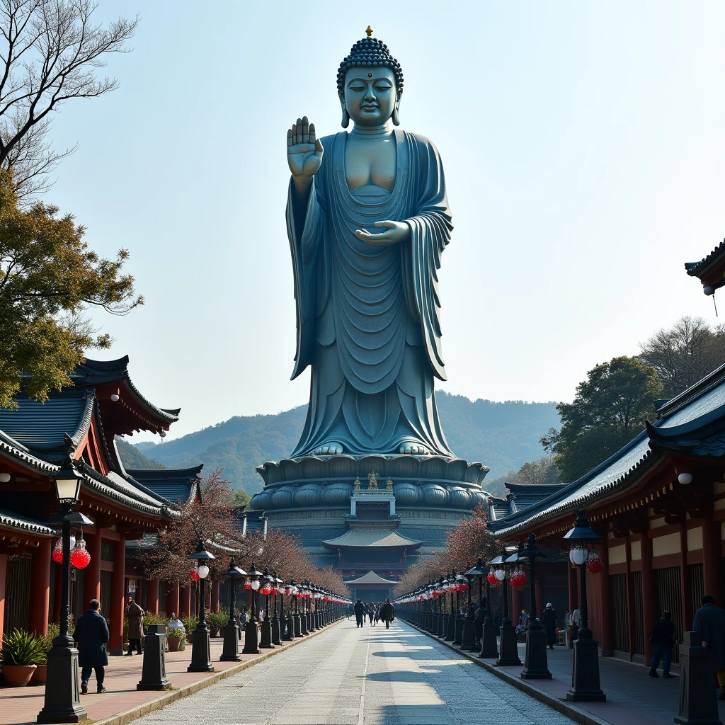 buddhist temple, town, a huge Buddha Statue is standing and looking down in Kamakura, japan, 
