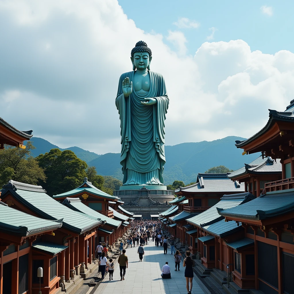 buddhist temple, town, a huge Buddha Statue is standing and looking down in Kamakura, japan,