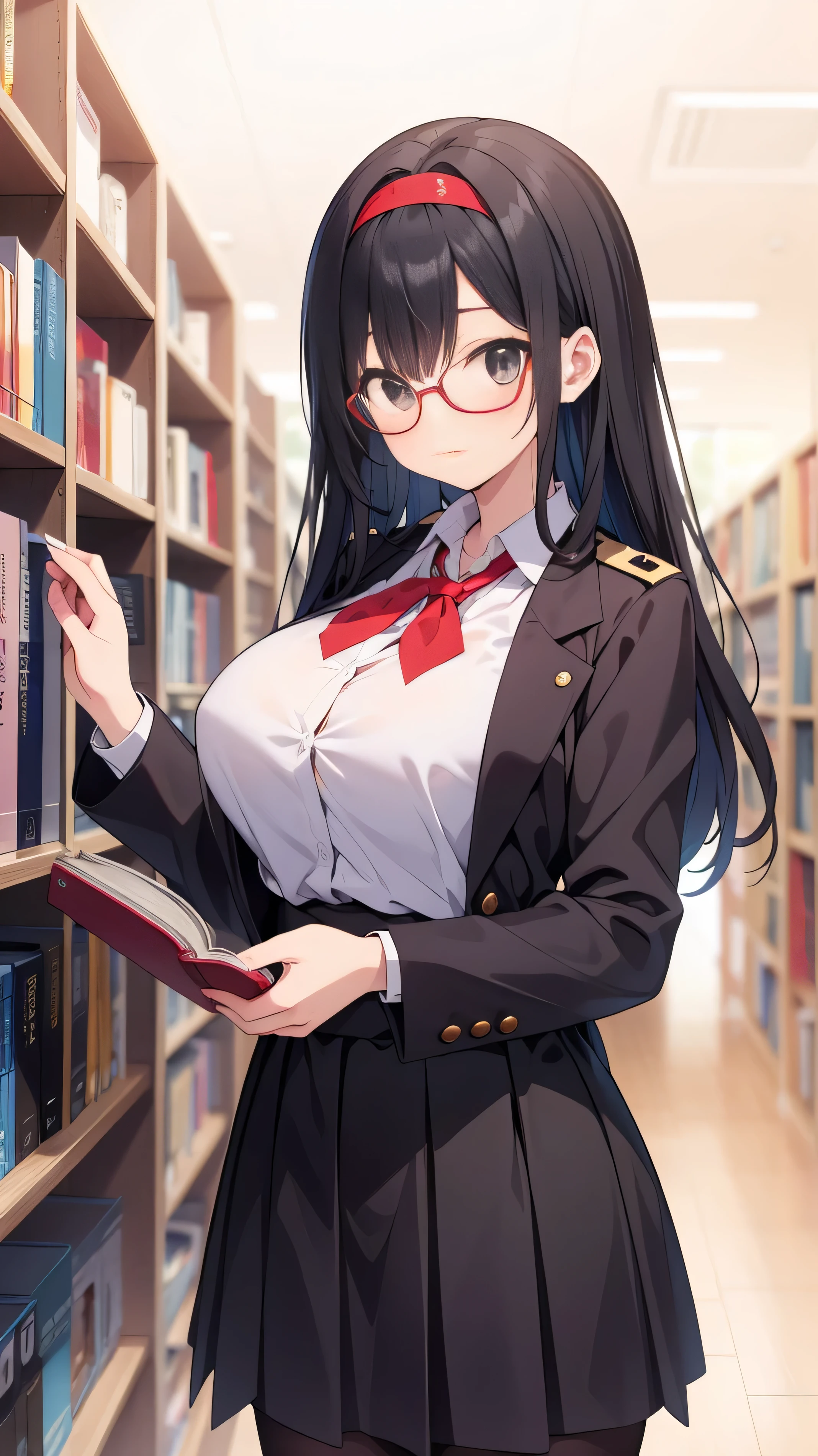 Wears glasses, elementary school student, black hair, black eyes, round, wears , is tall, is in the library, looks kind, has very large breasts, has long hair that reaches her waist, is reading a book, He has black hair but has a slight brownish tint, red headband, wears a black uniform, black skirt, white shirt, red tie, and black jacket.,