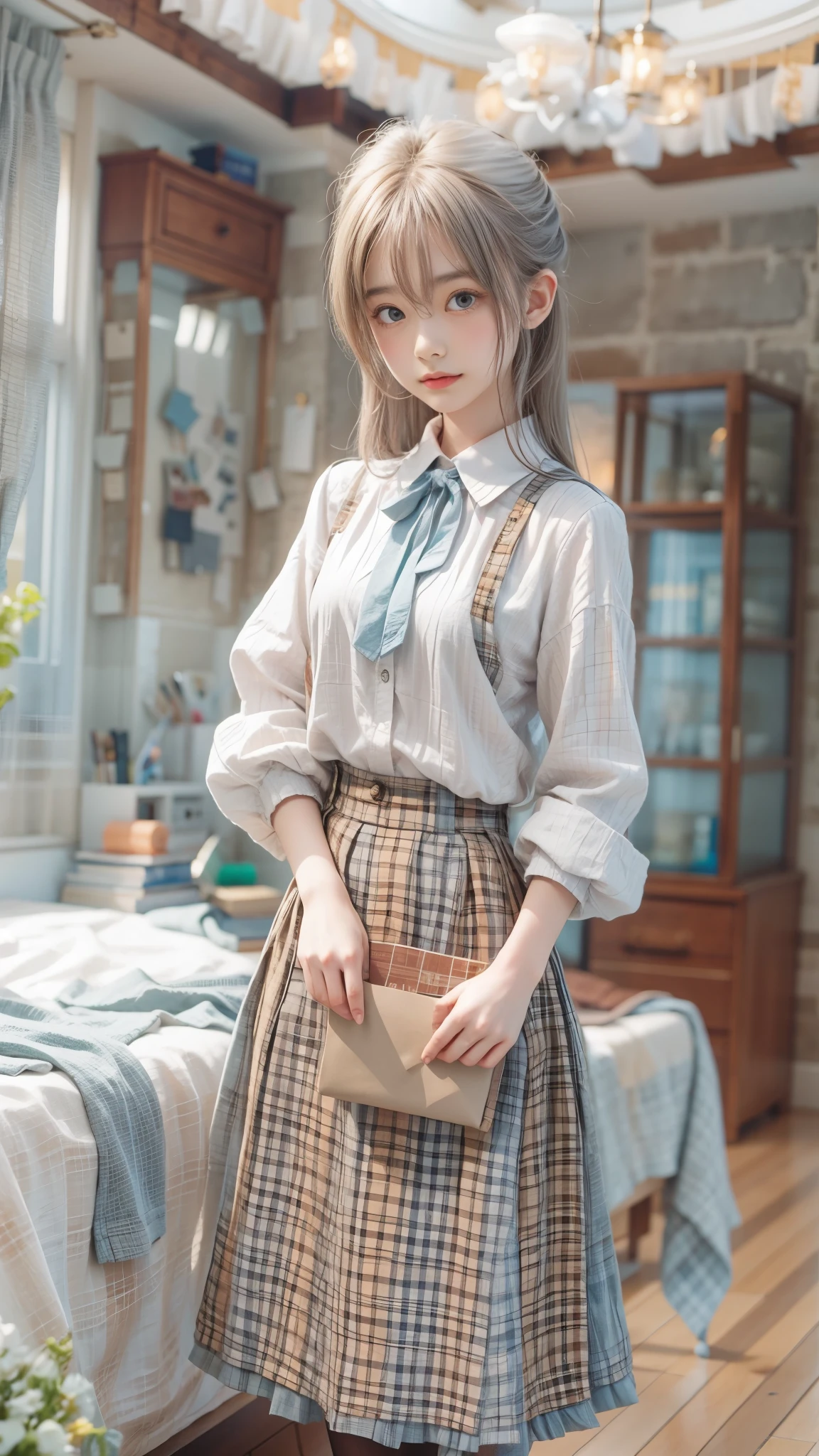 masterpiece , Highest quality , Very detailed , 1 person, ((Contrasting Eyes)) , Are standing , blouse, skirt , bangs , room , indoor