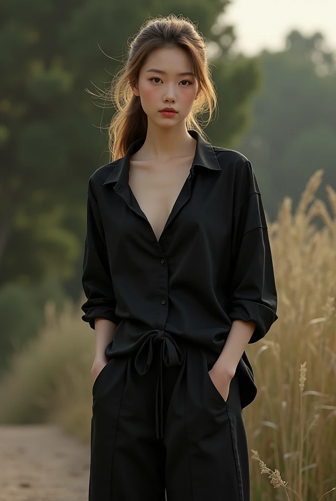 (photorealism:1.2), beautiful woman, wearing black shirt loosely fallen from shoulders, baggy pants, ponytail, soft lighting, outdoor, standing pose, realistic, Simple colors