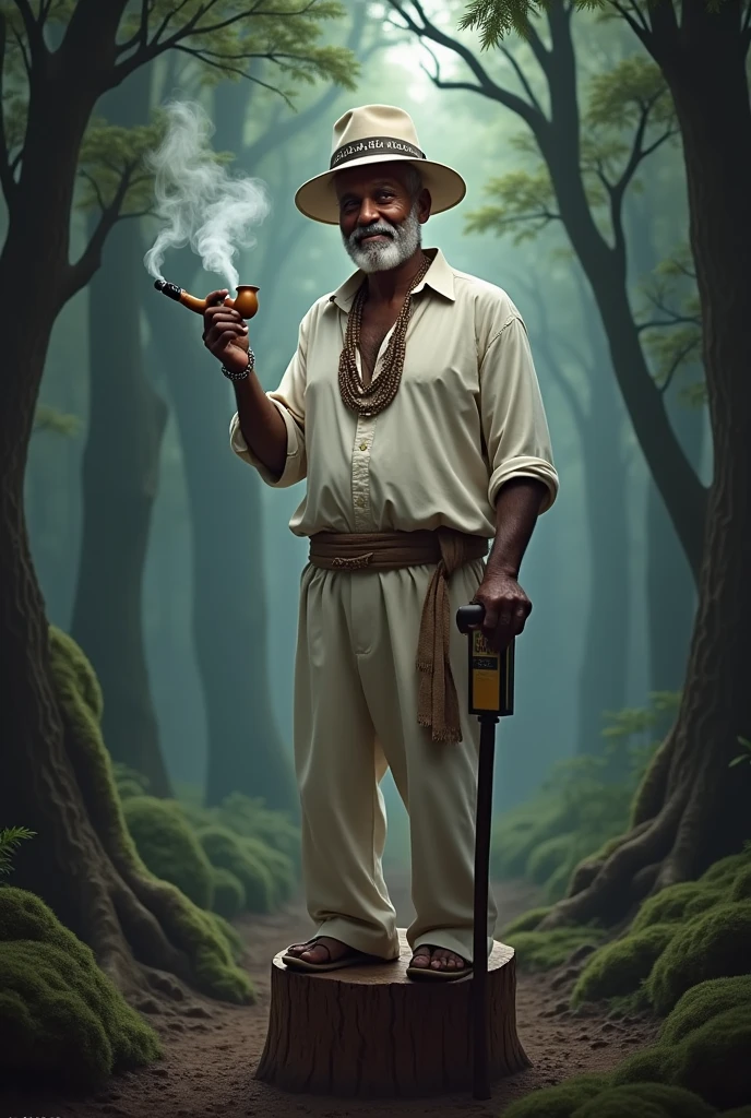 Mestre Zé da Risada is an imposing and charismatic figure of the Sacred Jurema. he is portrayed as an older man, dark-skinned, with a witty expression and sharp gaze, which reflects both his wisdom and his cunning.

He wears a white hat with a black stripe, a symbol of their authority and respect within spirituality. around the neck, sports a guide made of mucunã seeds, an element that represents your connection with nature and ancestral strength.

In one hand, firmly holds an angico pipe, from which smoke comes out with a confident posture, showing his mastery over the spiritual elements. In the other hand, he carries a bottle of wine, which he enjoys as part of his rituals and celebrations.

Zé da Risada is often represented in a mystical environment, like a dense forest, with ancient trees and deep shadows, where his presence makes the environment vibrate with energy. He is seen stepping on a wooden stump, that seems to shake or tremble under its power, symbolizing your ability to influence and shape the reality around you.

His expression is both friendly and firm., showing that, although I am willing to help, does not tolerate disrespect or frivolity. The combination of these elements makes Mestre Zé da Risada a respected and feared figure., a spiritual guide who does not hesitate to defend what is his.

He can&#39;t miss the pipe and his clothes are white, he wears a shirt, pants, the hat is a normal hat, and he has no staff, only pipe and wine smiling expression, It&#39;s like being a father or a grandfather 