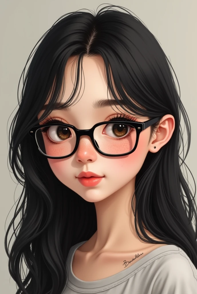 Create a portrait of a 1 teenager, not animated, person, women, latina, with long black hair, long forelock, black reading glasses, small, slanted eyes, dark coffee colour, Wide nose, White skin, freckles that are not very noticeable, dark circles that are not very noticeable, oval but chubby face, blushed cheeks and nose and a small mole above the lips, small, round, pink lips, long, thin black eyebrows, long and straight eyelashes
