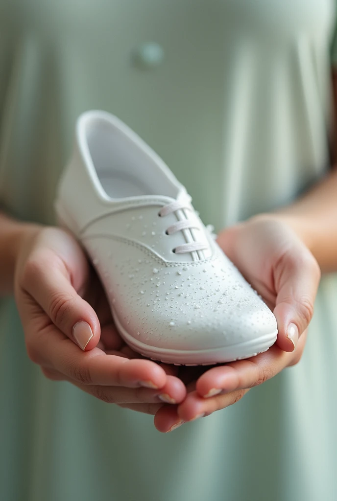 A white shoe held by hands and covered in water droplets