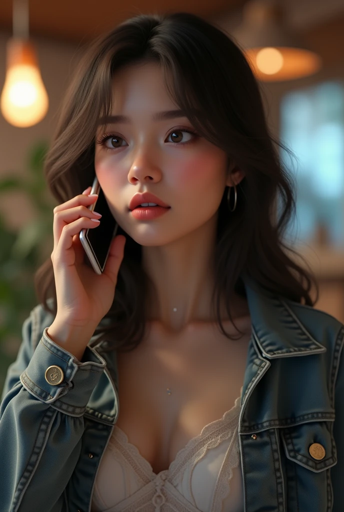 Best Quality, facial focus, luz outfit, ultra high resolution, (photorealistic:1.4), raw photo, 1 girl talking on cell phone, alone, linda, (student, lights in the eyes), Detailed beautiful face, (medium chest),(High resolution detail of human skin texture.), (by the wide), interior, Aesthetic style clothing (portrait)