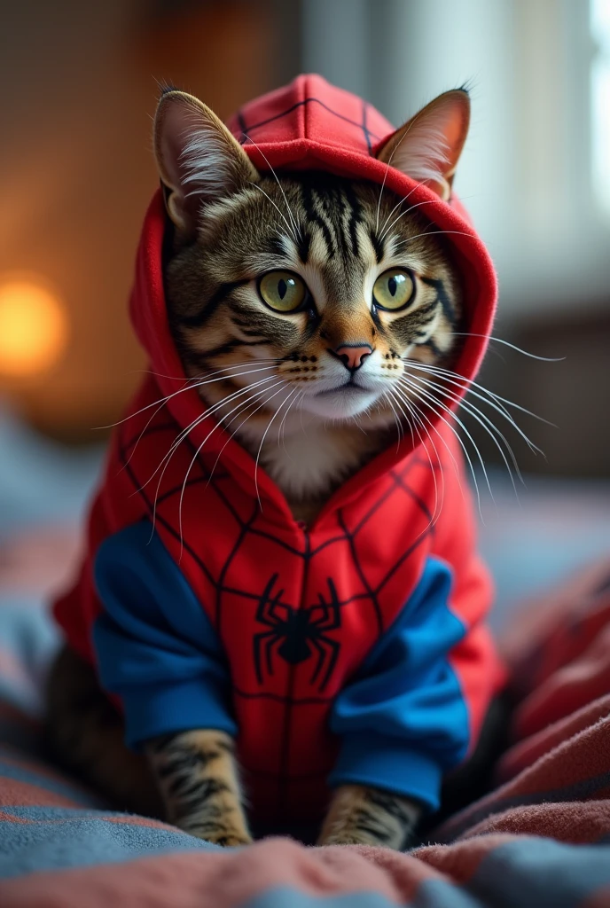Cat wearing spiderman hoodie