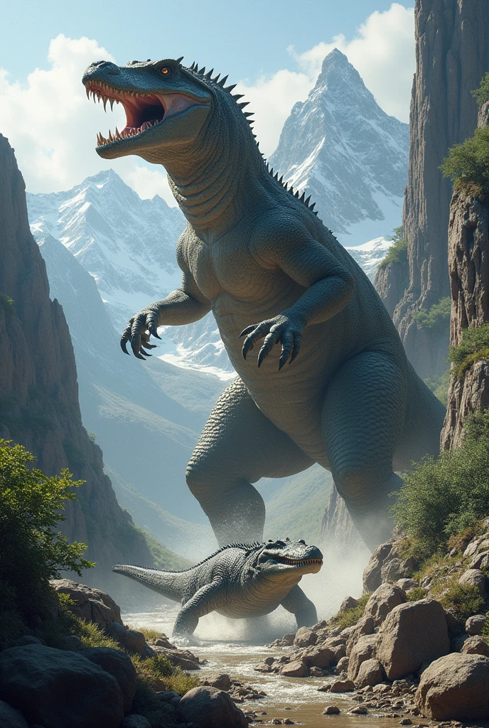 Giant lizard fighting with a prehistoric crocodile on a mountain
