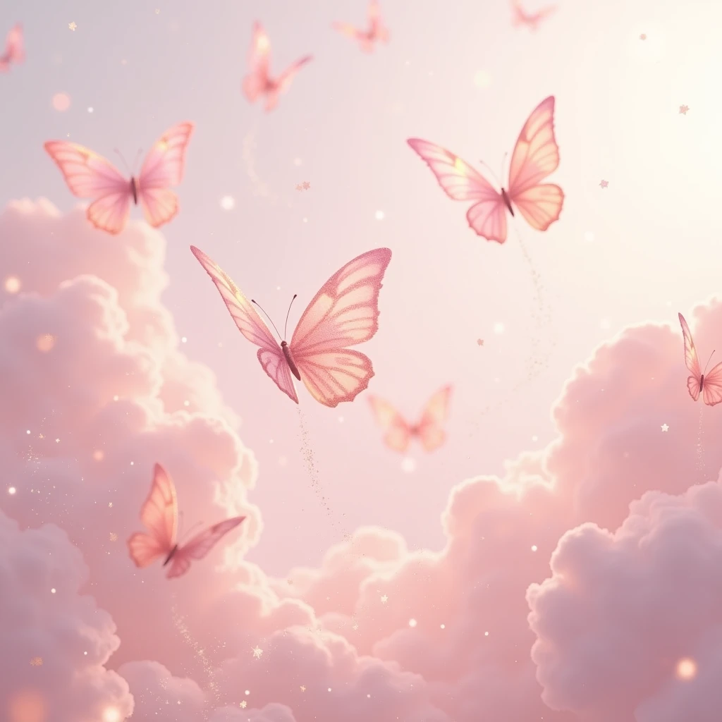 group of light pale pink sparkly butterflies flying by with trails of glitter, shining bright with heaven's light, realism, pale pink cloud background