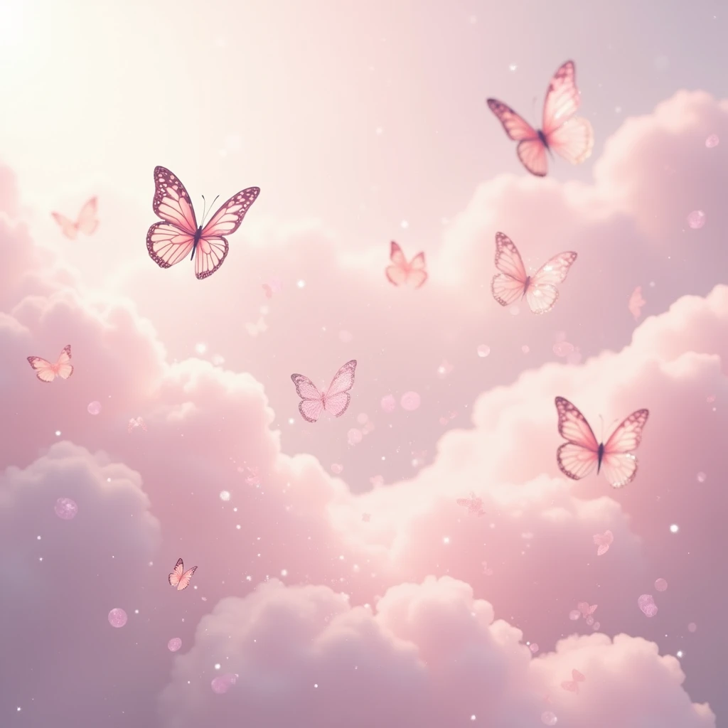 group of light pale pink sparkly butterflies flying by with trails of glitter, shining bright with heaven's light, realism, pale pink cloud background
