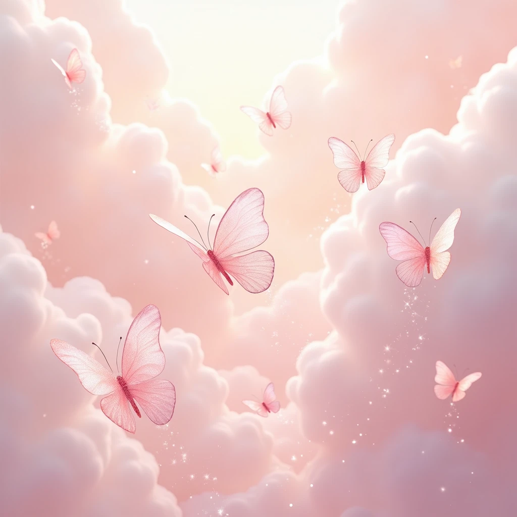 group of light pale pink sparkly butterflies flying by with trails of glitter, shining bright with heaven's light, realism, pale pink cloud background