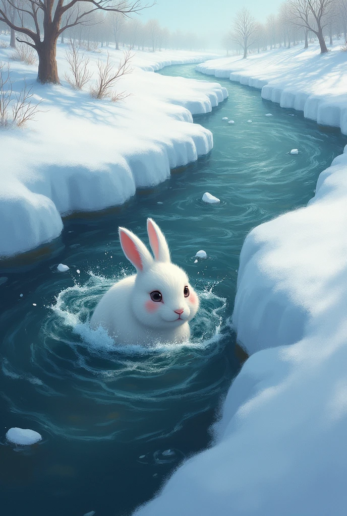 A poor white rabbit sink under the big snow river ai image