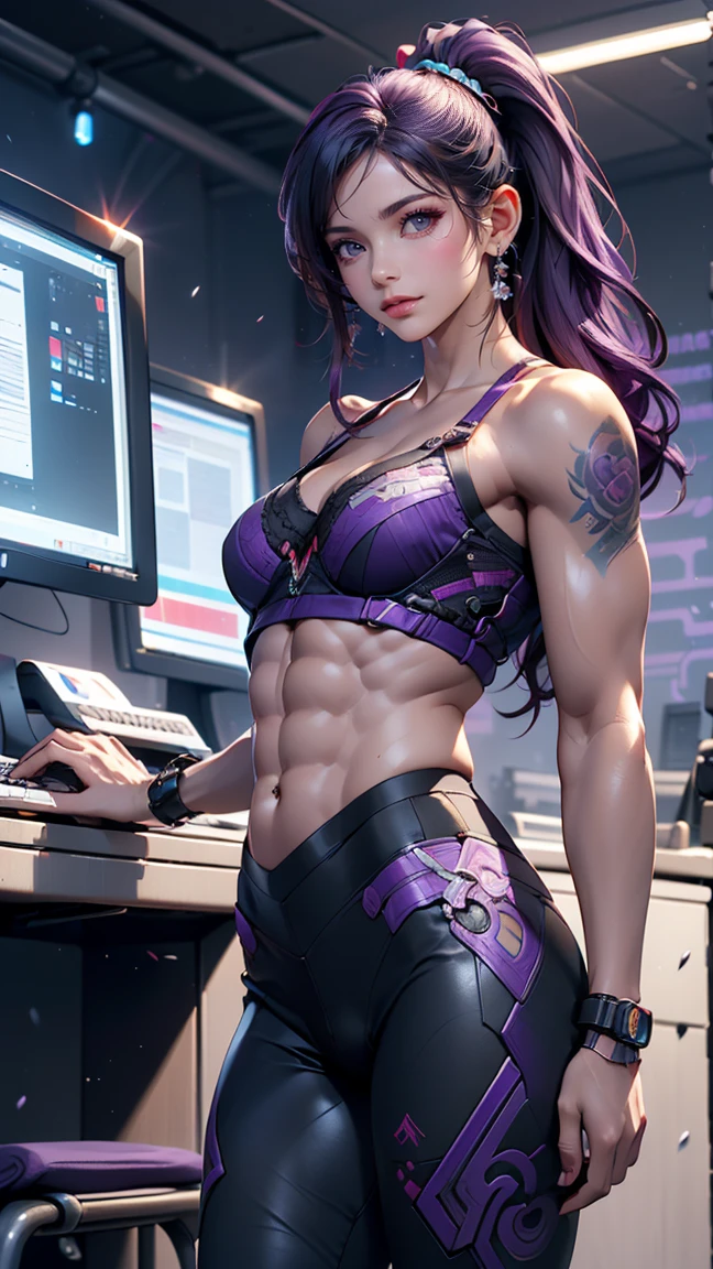 A hot cute young woman dressed in sexy cyberpunk clothes, facing camera, a little smile, standing in front of a wall of computers, intricate designs, Smokey room, Celtic tribal tattoos, ((purple iris, flat chested, toned abs, baby face)), (intense colors), undercut purple hair with ponytail, cyberpunk background, dressed in cyberpunk clothes, cameltoe showing