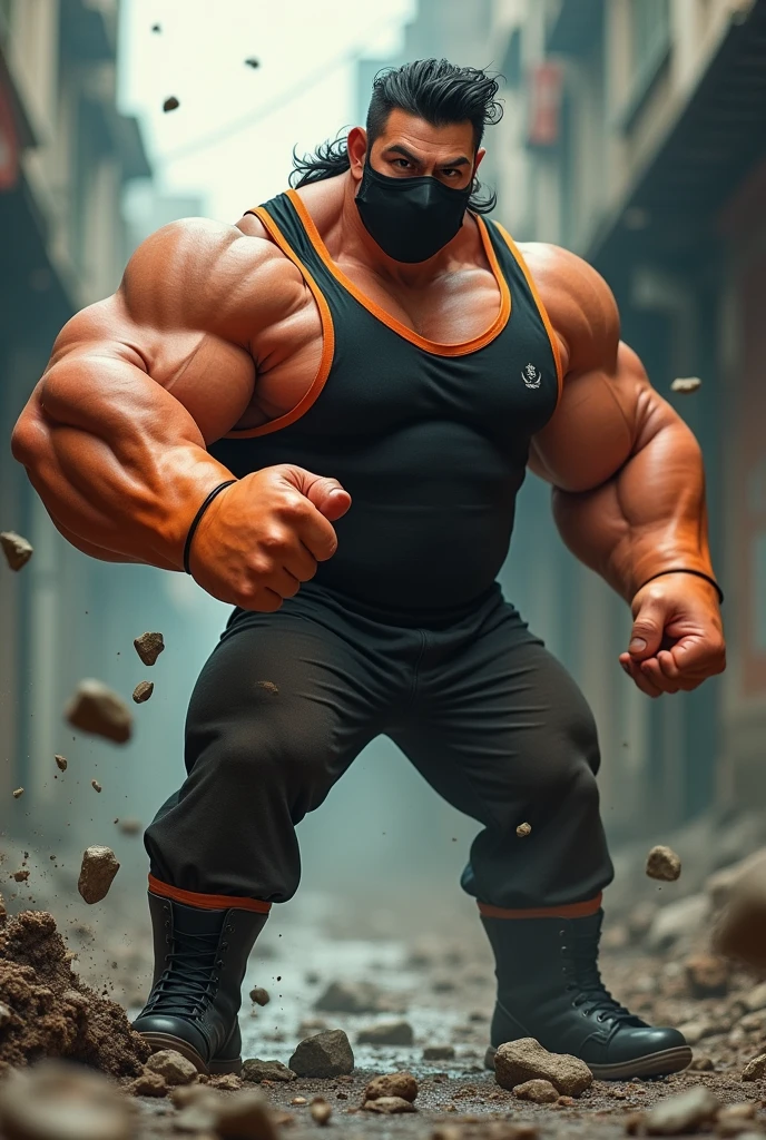Malaysia man.mullet hairstyles .Man small thin bicep. popeye big forearm Wear domino black mask reverse. Wear black Oren jumpsuit singlet. Giant big forearm. Big fire arm. . One hand Punch the road cracking. Floating small rock.human Landing pose. Wear boots black.small bicep. Small tricep.