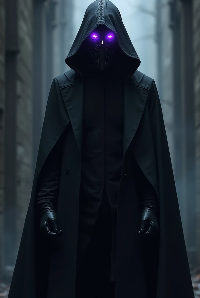 A man in super black mysterious clothes with very bright purple eyes wearing a mask