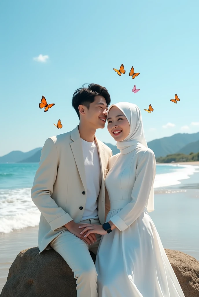 Stunning lakeside view under clear blue sky. A beautiful Korean girl, white, with a well-groomed face, with a blue hoodie, elegant, white jeans, and a handsome Korean man in a blue shirt and white jeans are sitting intimately. Looking at the camera, sparkling lake, lush trees, and mountains in the distance form the backdrop. The woman wears a blue hijab, and the man wears a cool black watch, colorful butterflies flying around him, adding a unique touch. The essence of happiness, fun and joy is captured in this picture.original photo,