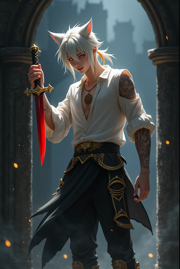 in the style of Genshin Impact: Young 20 year old boy with medium long white hair in a ponytail with golden highlights, wolf ears and golden eyes, white shirt that does not cover his right arm, circular mark on the chest, shiny gold tattoos on arms, pieces of black fabric with gold patterns simulating a skirt, black pants with half-broken golden armor, black shoes with golden armor.
With his hand being pierced by a crimson knife against a wall in a dark castle