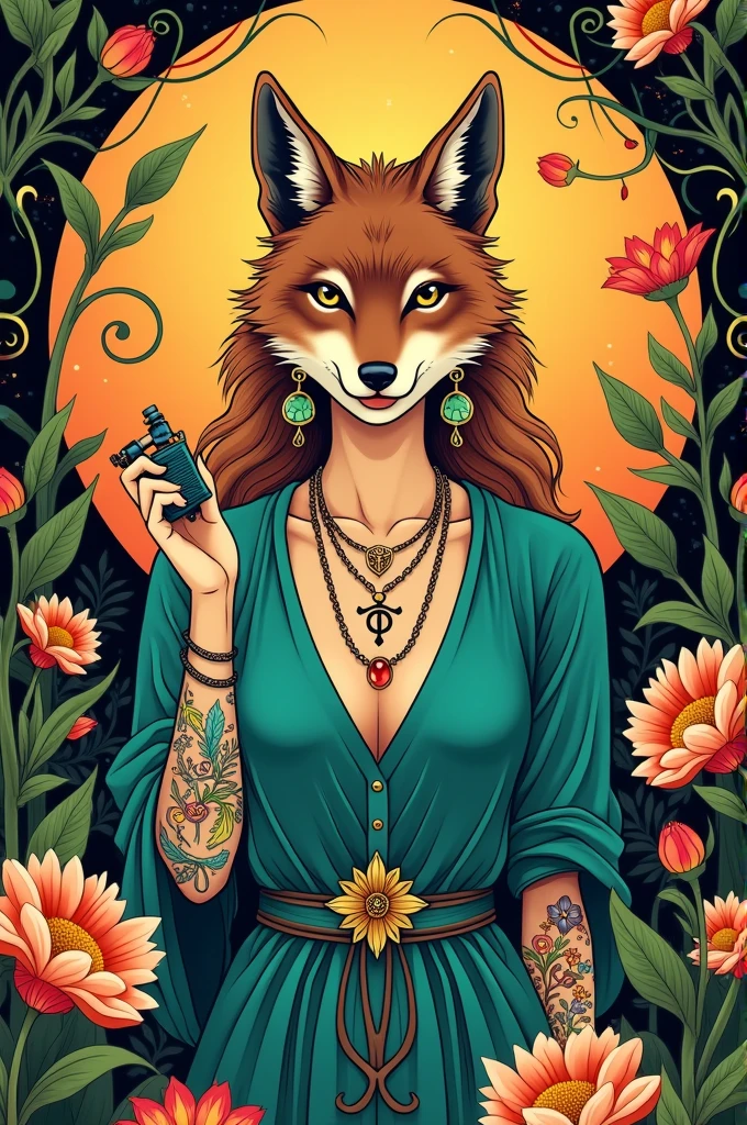 Create an artistic image in the art nouveau style of a female maned wolf with human features without sexualizing her female body., wearing a turquoise blue blouse with a feminine symbol printed on it, some necklaces and earrings, with their arms all tattooed with colorful plant tattoos, wearing a pair of purple gloves and holding a tattoo machine in one hand. In the background, somewhere in the image, a sun and many flowers should appear., plants and arabesques. The maned wolf should be looking straight ahead as if she were seeing the viewer.