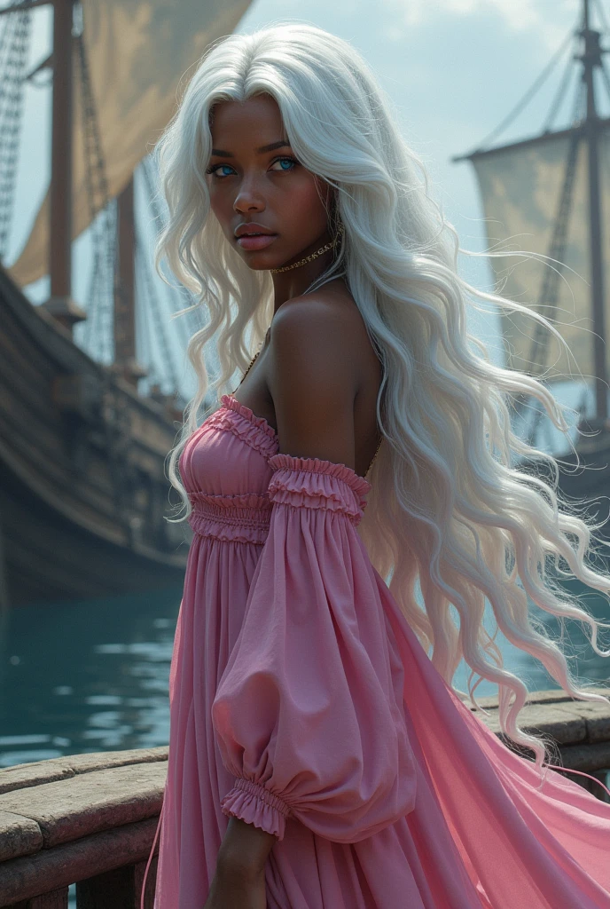 Make a teenage girl with black skin, white hair, blue eyes grayish.
she is wearing a pink dress, and is in a medieval maritime setting