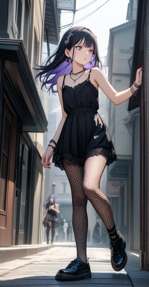 one,((Goth Fashion、Black camisole、Red ilver Accessories、Earrings、necklace、bracelet、hair ornaments、Fishnet tights、Red manicure、Black thick rubber sole))、(The setting is that she wears thongs)、(Indigo hair color、Silver inner color hairstyle), Beautiful Hair, Facial Contour, Remember, Street Corner、sunlight、splash, Lens flare,, Natural Color, High resolution, Very delicate, Very detailed, 8k,、Shyness,((Sexual))