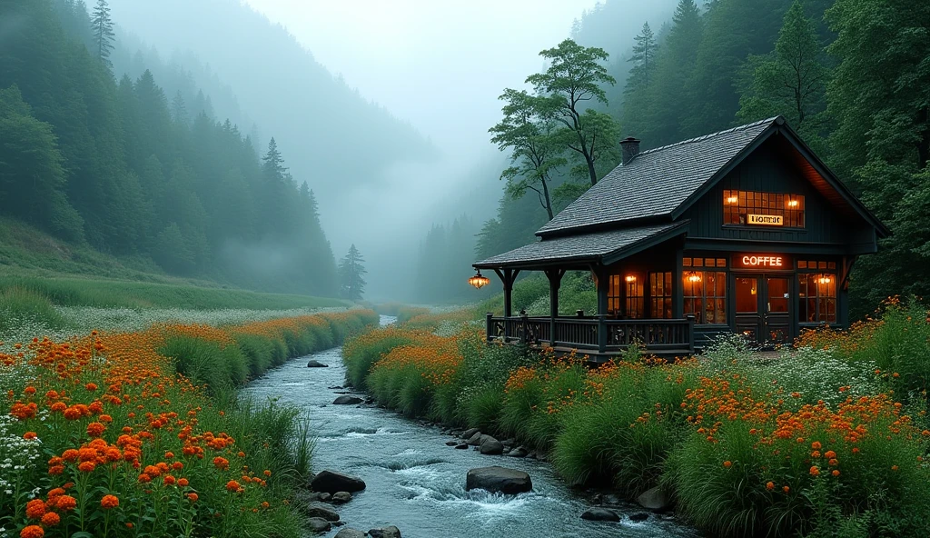 (wide angle shot) , coffee shop side by mountain stream , jazz music, lush landscape, dark green, forest, flower field, fog, river.