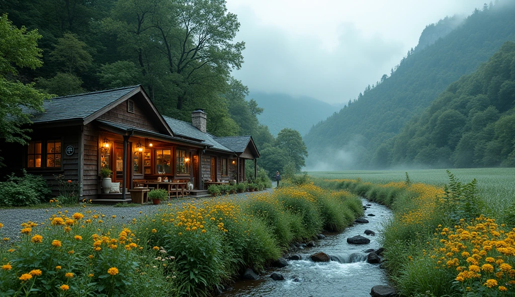 (wide angle shot) , coffee shop side by mountain stream , jazz music, lush landscape, dark green, forest, flower field, fog, river.