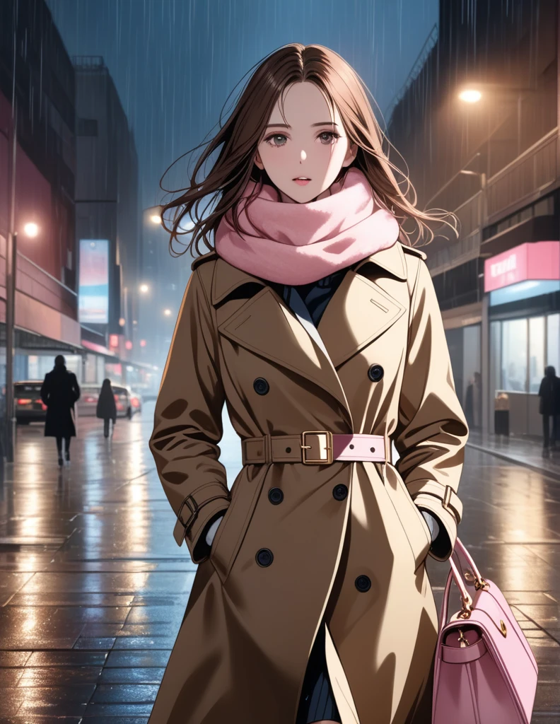Masterpiece, hd, 1girl with long brown hair wearing a fully buttoned up closed and beige belted buckle knee-length trench coat with mouth covered by a tucked up large pink winter wool scarf and white gloves carrying her large pink purse blown by the hard wind at the hard rainy night city street full body 8k)