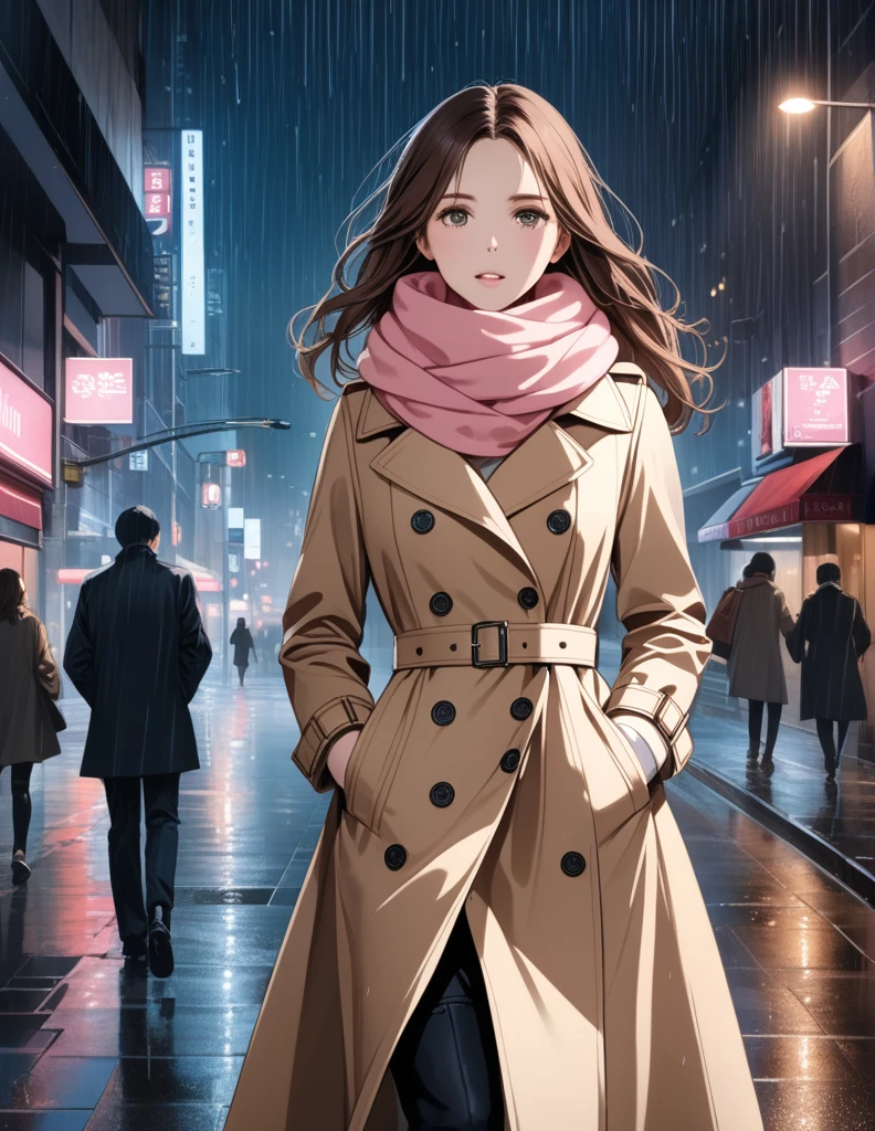 Masterpiece, hd, 1girl with long brown hair wearing a fully buttoned up closed and beige belted buckle knee-length trench coat with mouth covered by a tucked up large pink winter wool scarf and white gloves carrying her large pink purse blown by the hard wind at the hard rainy night city street full body 8k)