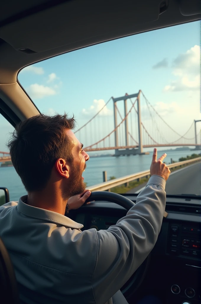 Visual prompt: A foreign man with a surprised expression looking out of a car window, pointing towards a massive bridge (Jamuna Bridge) that stretches across a wide river. The scene should show the car traveling on a highway with the bridge clearly visible in the background.