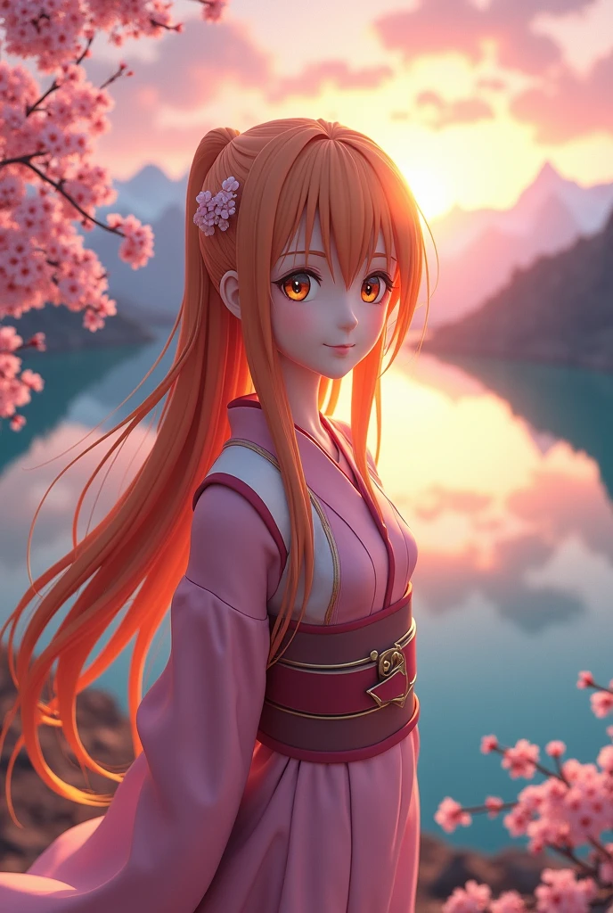 Aerial Perspective Fish-Eye Perspective Full-Body Shot Golden Ratio Asuna, masterpiece, Highest quality, detailed, (One person), alone, detailed golden eyes, Long Hair, Are standing, Close to the audience, (detailed kimono), A light smile, Medium chest, (Put your arms behind your back), water, sunset, (hair ornaments), (Cherry blossoms bloom), Lake with snowy mountains in the background,Cute young delicate 3D PVC model, View your viewers, Soft and smooth lighting, Soft pastel colors, 3D icon clay rendering, 120mm lens, 3D Blender Rendering, Trend with poly count, モジュラーCute young delicate 3D PVC model, View your viewers, Soft and smooth lighting, Soft pastel colors, 3D icon clay rendering, 120mm lens, 3D Blender Rendering, Trend with poly count, Modular constructivism 5D vector: 【a: 0.3, c: 0.7, It is: 0.8, I: 0.6, M: 0.9】trick-art Multi-layer structure abstract