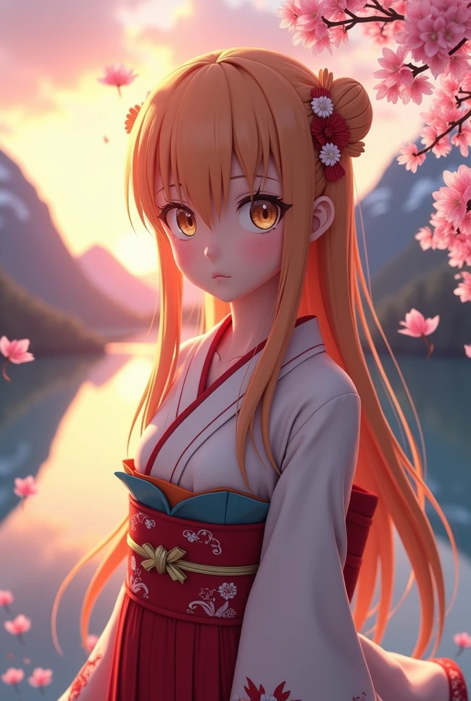 Aerial Perspective Fish-Eye Perspective Full-Body Shot Golden Ratio Asuna, masterpiece, Highest quality, detailed, (One person), alone, detailed golden eyes, Long Hair, Are standing, Close to the audience, (detailed kimono), A light smile, Medium chest, (Put your arms behind your back), water, sunset, (hair ornaments), (Cherry blossoms bloom), Lake with snowy mountains in the background,Cute young delicate 3D PVC model, View your viewers, Soft and smooth lighting, Soft pastel colors, 3D icon clay rendering, 120mm lens, 3D Blender Rendering, Trend with poly count, モジュラーCute young delicate 3D PVC model, View your viewers, Soft and smooth lighting, Soft pastel colors, 3D icon clay rendering, 120mm lens, 3D Blender Rendering, Trend with poly count, Modular constructivism 5D vector: 【a: 0.3, c: 0.7, It is: 0.8, I: 0.6, M: 0.9】trick-art Multi-layer structure abstract