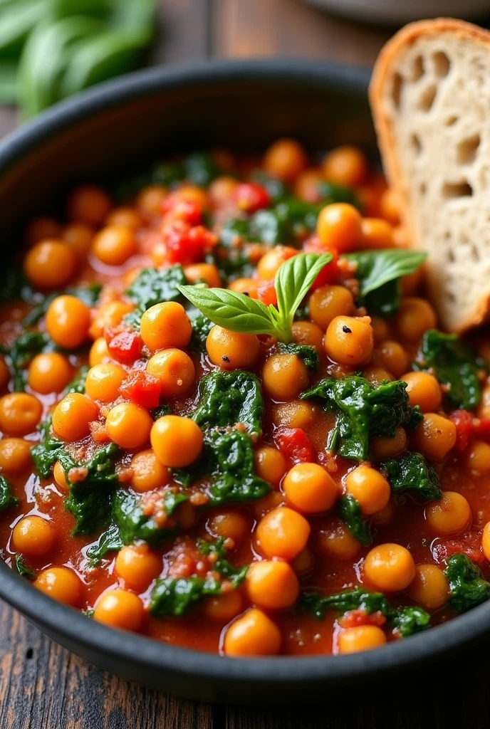 Create an image of this recipe: Chickpea and Spinach Casserole Ingredients:
- Cooked chickpeas: 200 g - Fresh spinach: 100 g - Crushed tomato: 200 g - Onion: 50 g - Garlic: 10 g - Olive oil: 15 ml - Sweet paprika: 5 g - Cumin powder: 2 g
- Sal: 5 g - Pepper: 2 g Preparation:
1. Chop the onion and garlic finely.
2. In a saucepan, Heat the olive oil and fry the onion and garlic until golden..
3. Add the paprika and cumin, and cook for 1 minute.
4. Add the cooked chickpeas and crushed tomatoes., Mix well and cook over medium heat for 10 minutes..
5. Add the fresh spinach and cook until wilted..
6. Season with salt and pepper to taste.
7. Serve hot with some whole wheat bread.