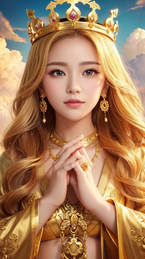 Goddess gold crown Fantastic Background、Golden Hair、Golden Background、Hands clasped together in front of each other、Angel、heaven、Above the Clouds