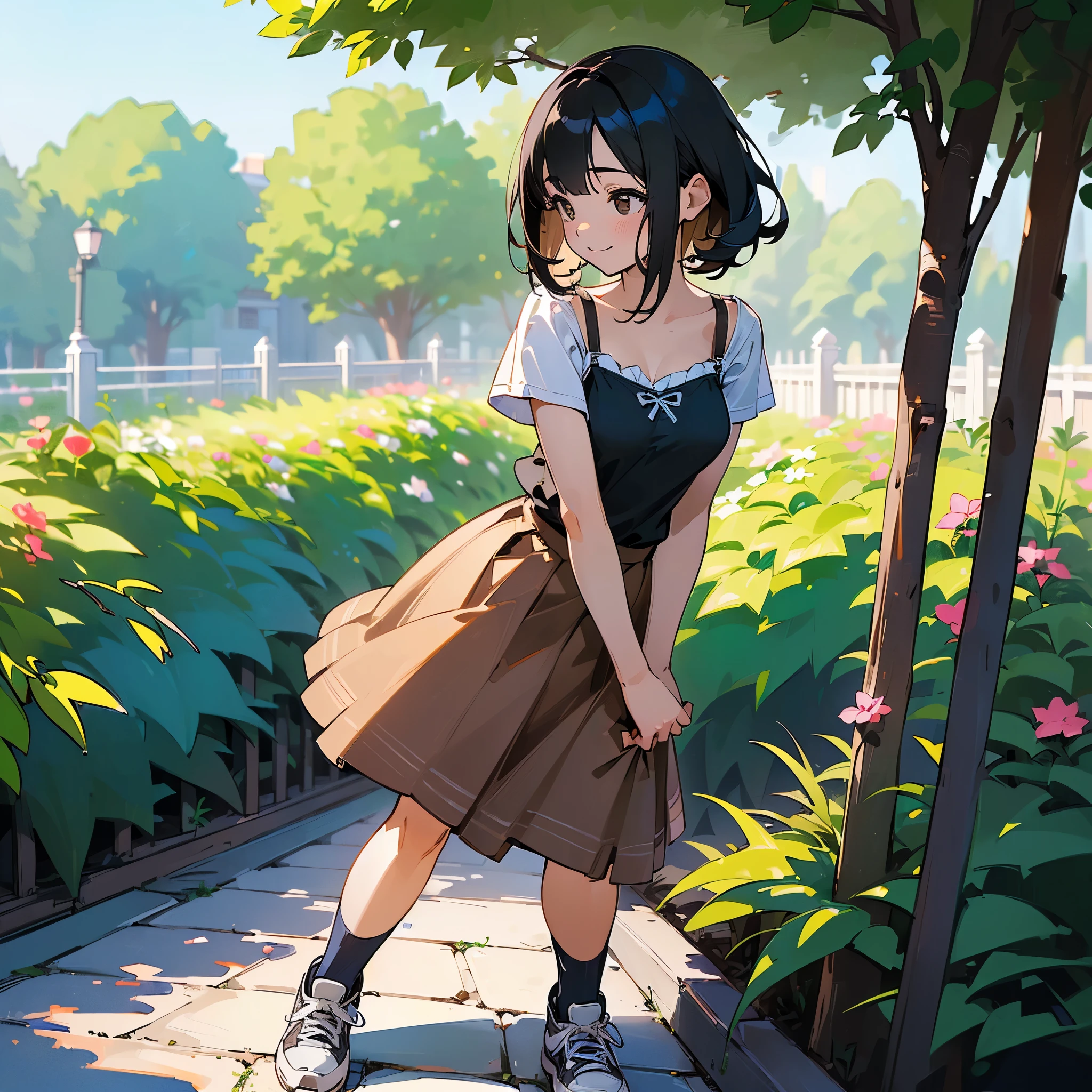 (high quality, High resolution, Very detailed, reality:1.37), Peaceful atmosphere, (Outdoor, garden), Teenage girl standing alone, (my breasts are big.), Beautiful details, Cute Smile, (Black bob hair), camisole, Brown Skirt, Blue socks, sneakers.