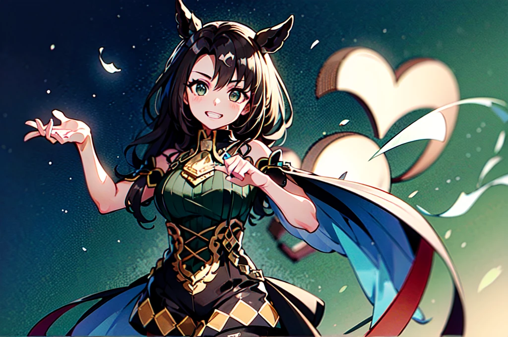 masterpiece、Highest Resolution、Highest quality、Highest quality、Thin brush painting、anime、sharp、sharp化、sharp効果、solo。Adult woman with horse ears。Dark green dress、Dark green shoulderless dress。Dark brown shorts、Dark brown pantyhose。Big Cape。Moonlit night starry sky background、breeze、Chest centered。Dark lipstick、Grinning face、Beautiful breasts、Touch your head with your hand。Brown Eyes。Brown Hair、Long Hair、Half Twin、Half Up。hair ornaments。