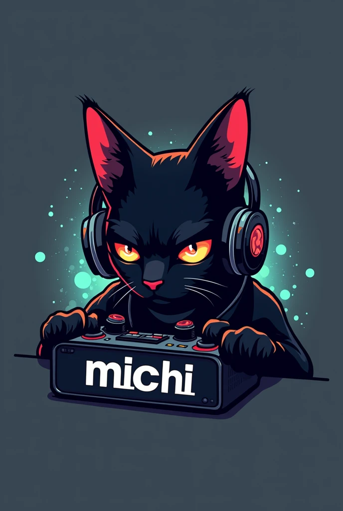 Can you create me a logo of a black GEIMER cat that has headphones AND IS PLAYING and below that has the words "MICHI TK"