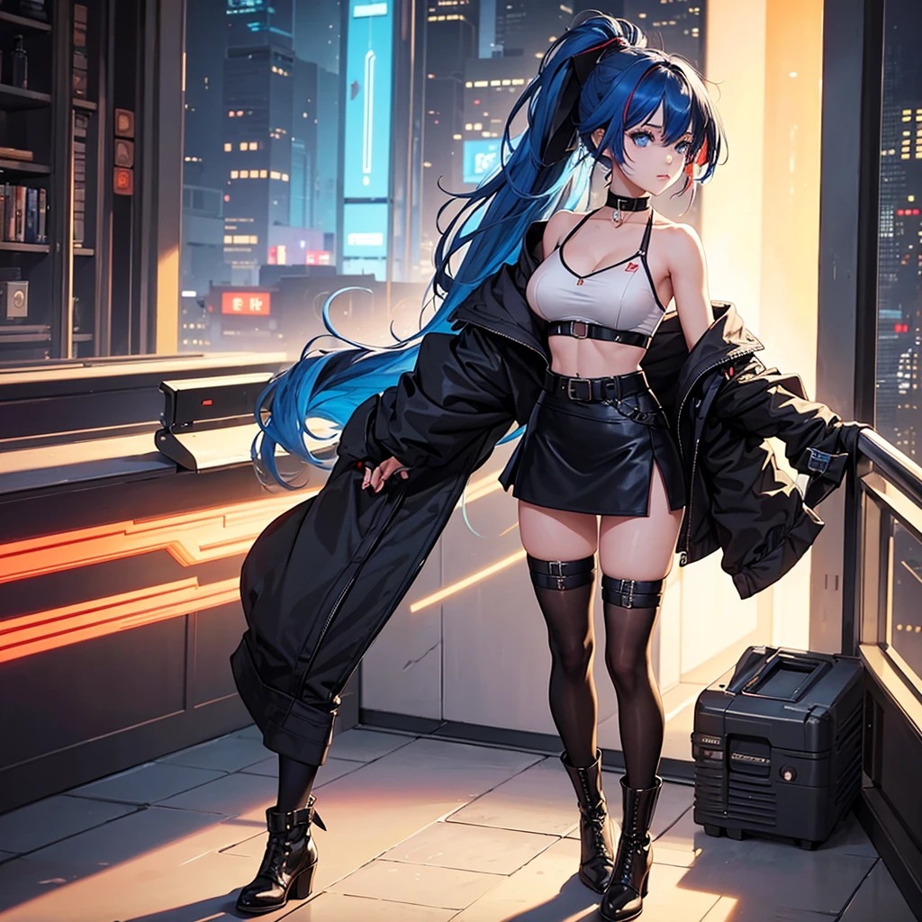 1girl, solo, long hair, breasts, looking at viewer, bangs, blue eyes, skirt, large breasts, thighhighs, long sleeves, navel, cleavage, hair between eyes, closed mouth, underwear, blue hair, standing, collarbone, panties, full body, ponytail, red hair, multicolored hair, boots, open clothes, shoes, choker, midriff, belt, black thighhighs, indoors, miniskirt, black skirt, stomach, black footwear, two-tone hair, streaked hair, coat, crop top, v-shaped eyebrows, thigh strap, ass visible through thighs, black choker, pantyshot, pencil skirt, black belt, open coat, black coat, taut clothes, tube top, with the word "Kali Linux" written on her outfit, servers and computers are visible in the background in a cyberpunk-style environment, featuring neon lights, futuristic buildings, and a high-tech urban atmosphere.