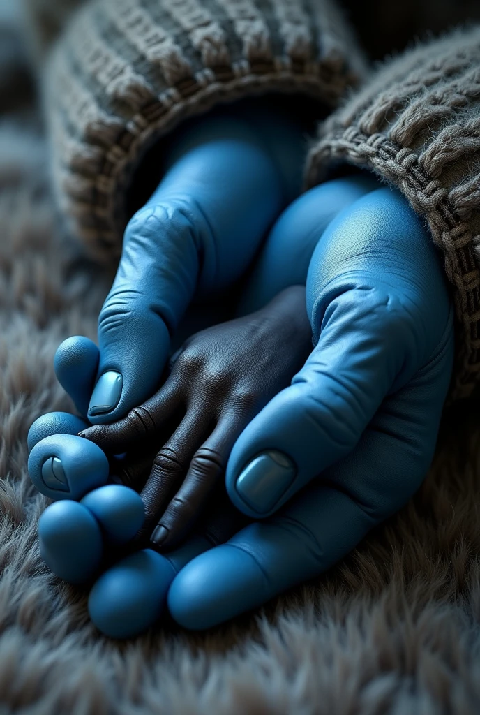 Create a realistic image of a giant blue male hand, holding a small black female hand on a fluffy fur blanket